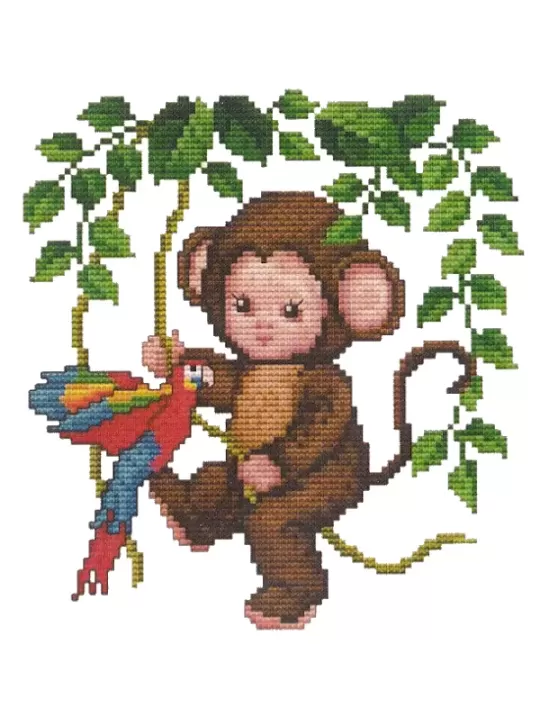 Grille de broderie à points comptés BÉBÉ SINGE DANS LA JUNGLE d'Ellen Maurer-Stroh