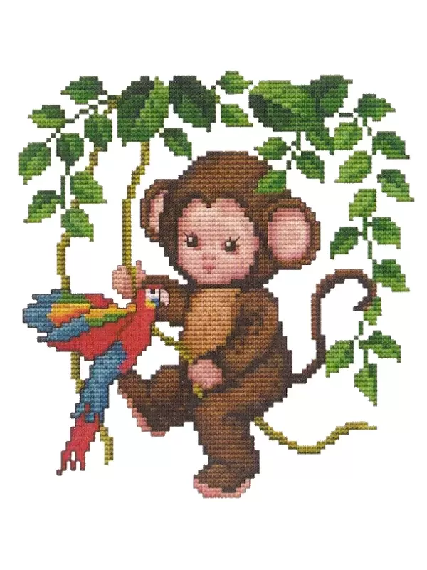 Grille de broderie à points comptés BÉBÉ SINGE DANS LA JUNGLE d'Ellen Maurer-Stroh